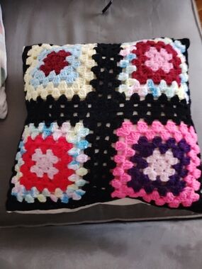 Handmade Crochet Granny Square Throw Pillow - Multicolor